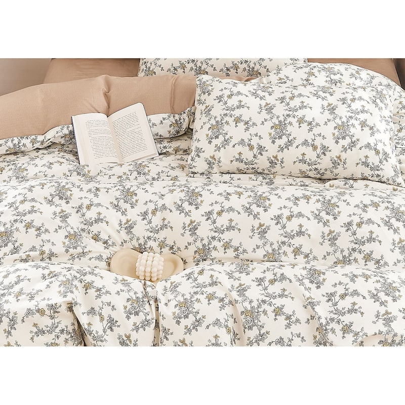 Demi Gray White Floral 100% Cotton Reversible Comforter Set
