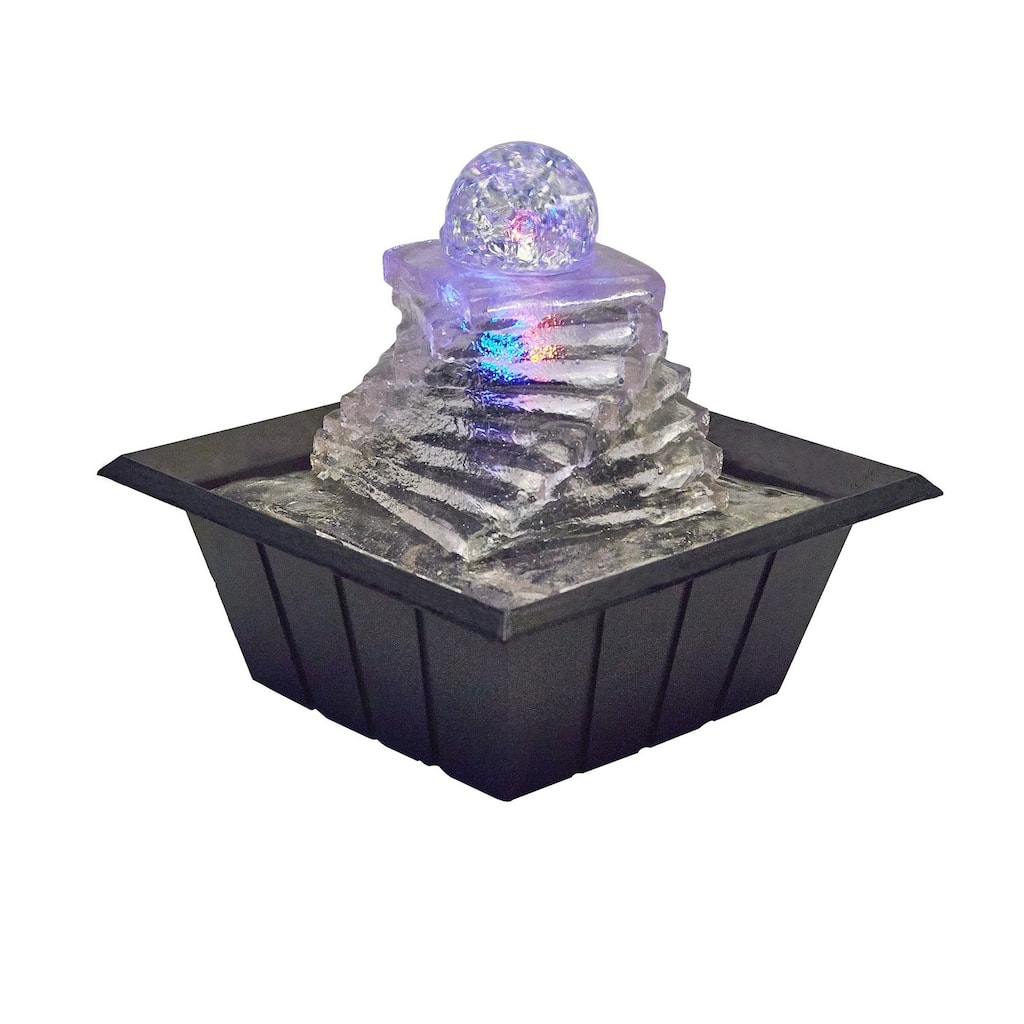 8" Clear Polyresin Ice Design Tabletop Fountain With LED - 7.75 x 7.75 x 7.75