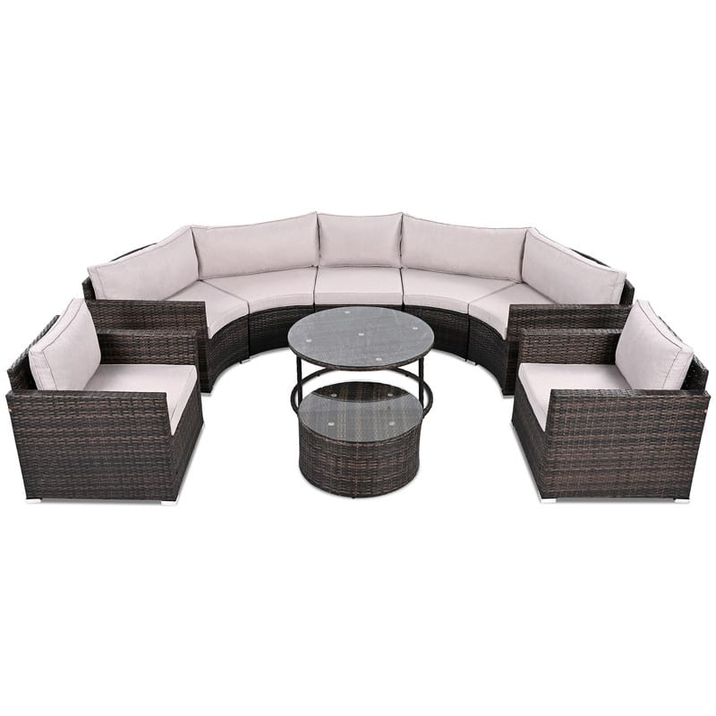 9-Piece Outdoor Half-Moon Patio Sofa Set, Wicker Sectional Sofa with Nesting Coffee Table, Rattan Conversation Set