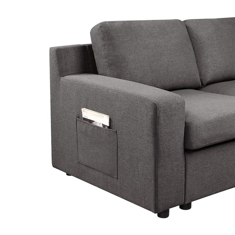 Linen 6-Seater U-Shape Sectional Sofa Chaise and Pocket in Gray