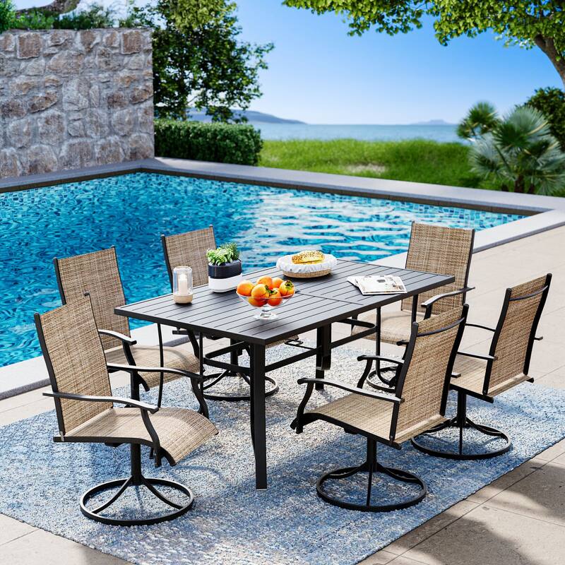 Patio Dining Set w Textilene / Swivel Rocking Chairs, Outdoor Table & Chairs w Adjustable Umbrella Hole, 5/7/9-Piece Garden Set
