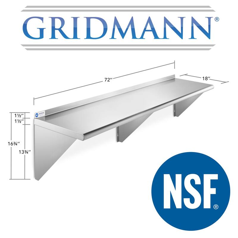 72 x 18in NSF Stainless Steel WallMount Shelf - 18" x 72"
