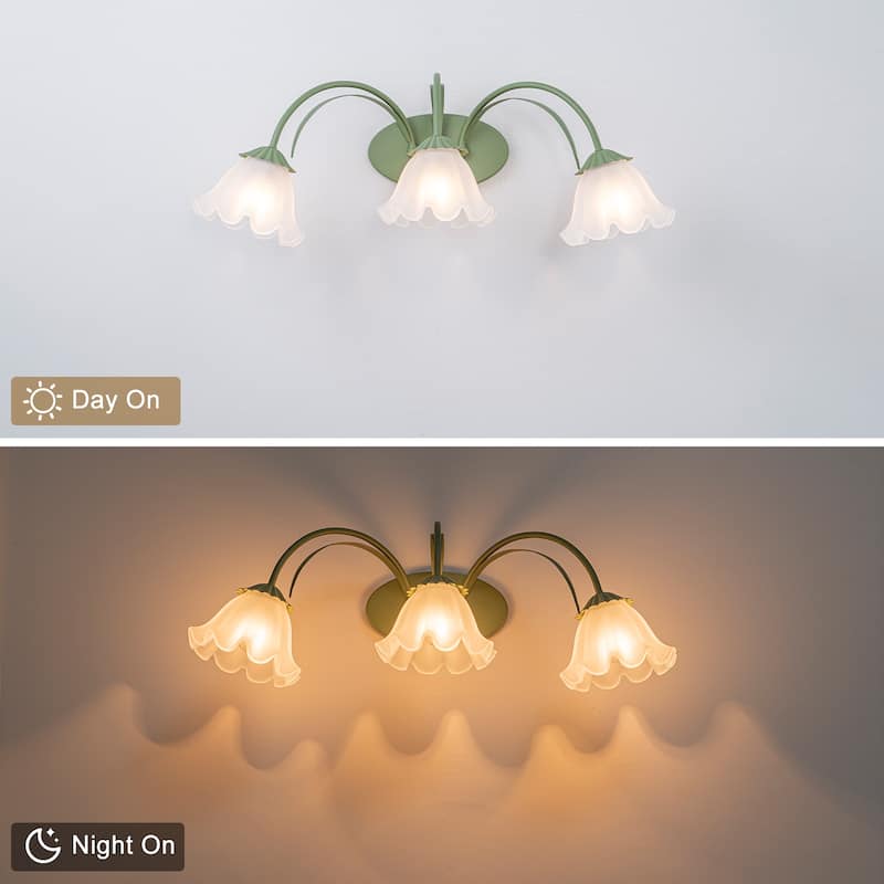 Green Metal Flower Frosted Glass Wall Sconce for Bathroom Vanity