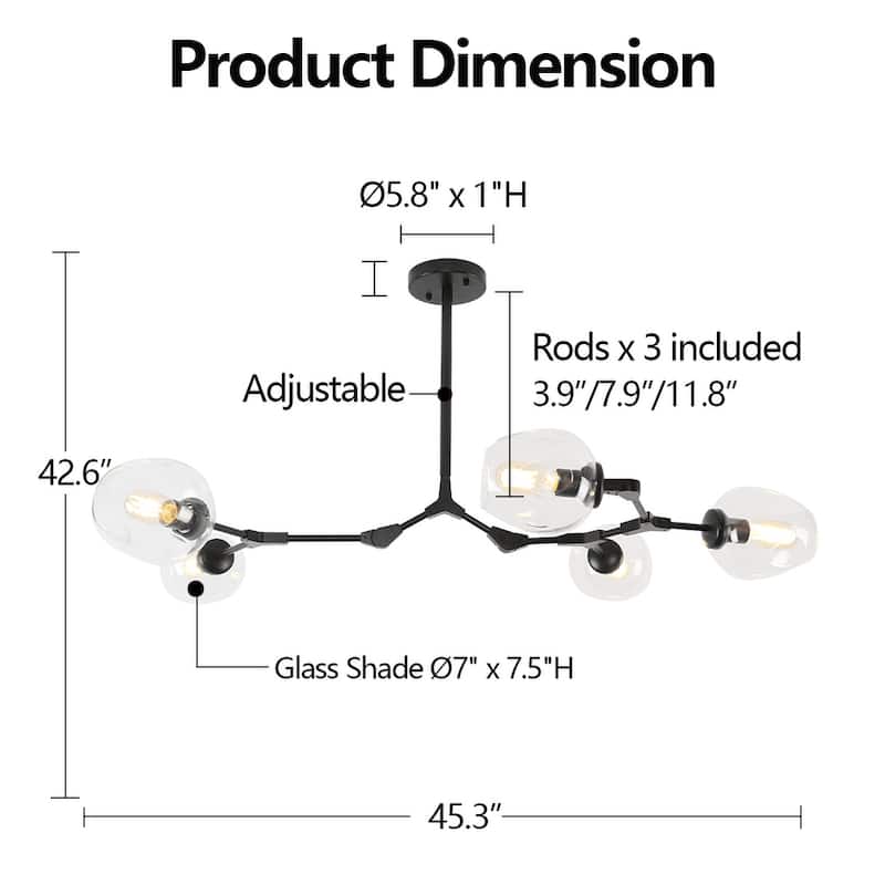 8-Light Black Modern Full-angle Adjustable Chandelier with Clear Glass Shades