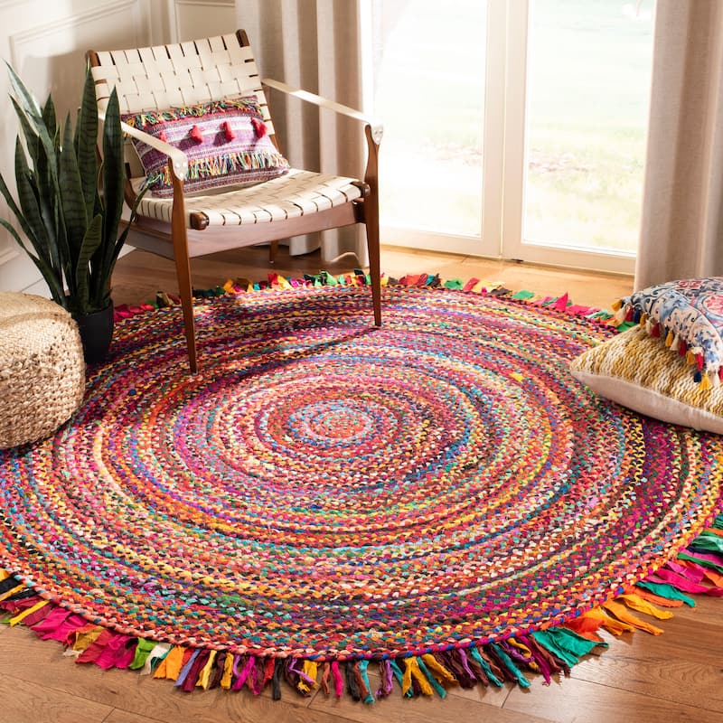 SAFAVIEH Handmade Braided Samya Country Cotton Rug with Fringe - 6' Round - Red/Multi