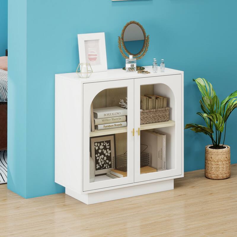 Storage Cabinet with 2 Acrylic Door, Wooden Kitchen Pantry Sideboard, Display Cabinet with Metal Handles & Adjustable Shelves
