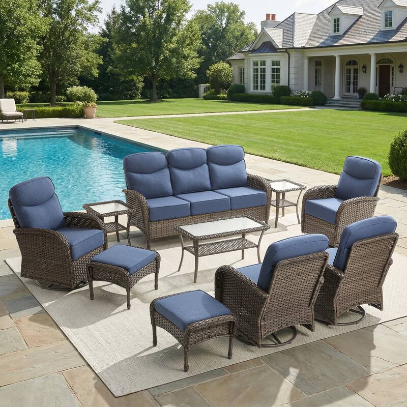 Pocassy Outdoor Wicker Patio Sofa with Swivel Chair Ottoman Sets - Brown Wicker Blue Cushion - 10-Piece Sofa Swivel Chair Ottoman with Table
