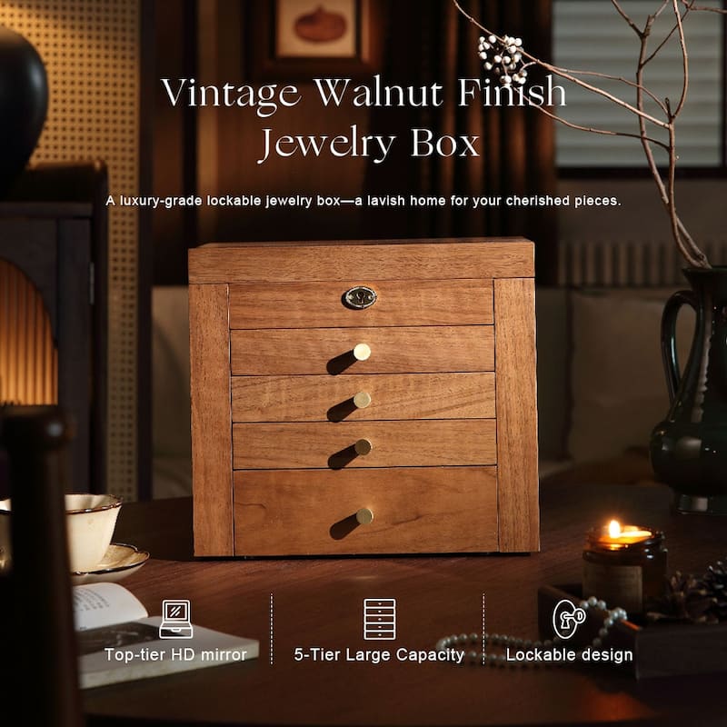 Walnut Color Pull-out with Locking and Mirror 5-Layer Jewelry Box - 11.82