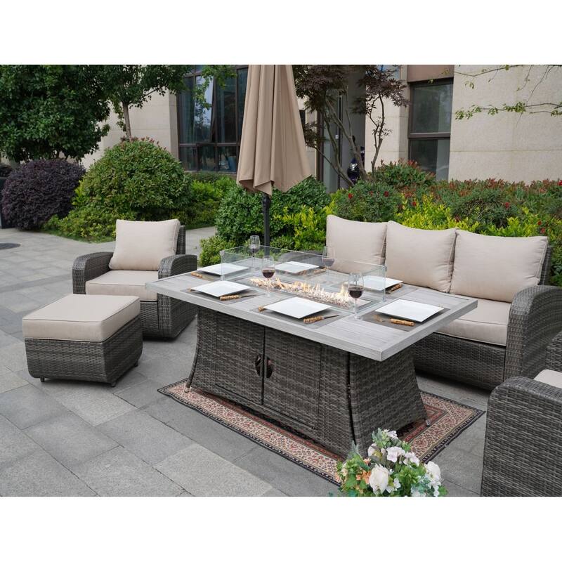 5-Piece Wicker Patio Sofa Set with Gas Firepit And Ice Bucket by None