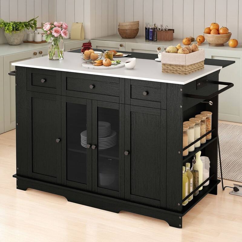 Moasis Kitchen Island with Stainless Steel Top & Power Outlet - Black