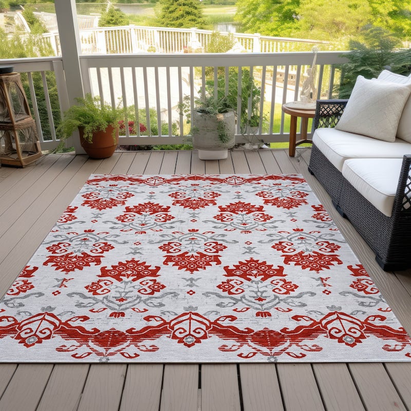 Machine Washable Indoor/ Outdoor Chantille Medallion Damask Rug - Red - 10' x 14'