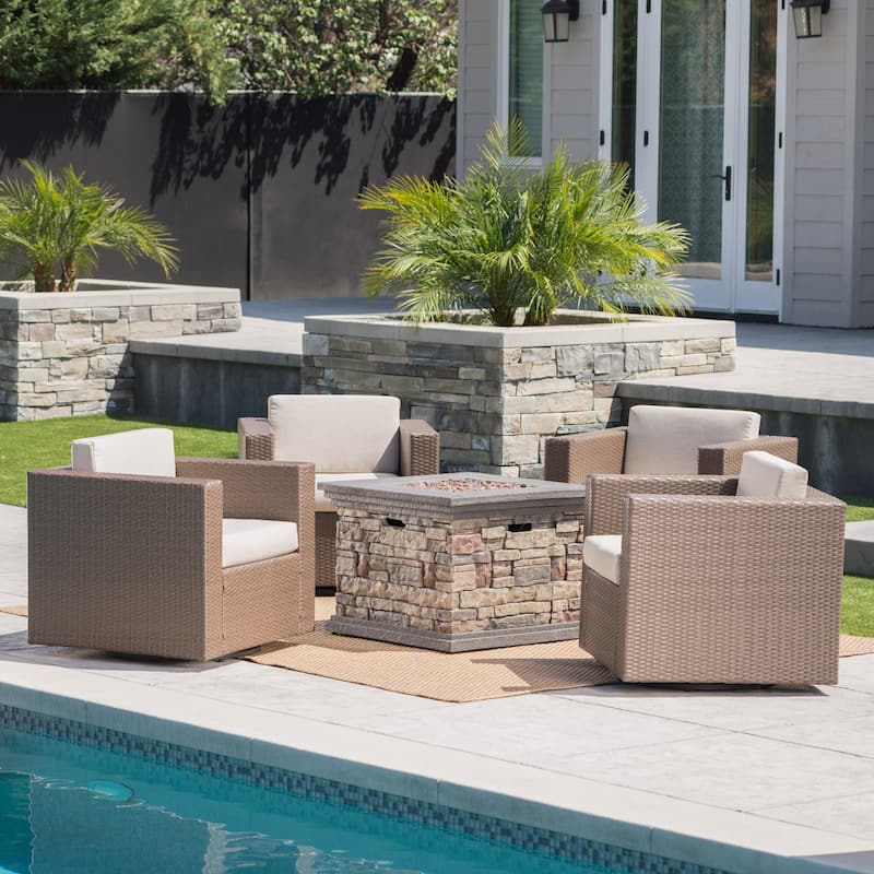 Puerta Outdoor 5-piece Wicker Chair and Square Stone Firepit Set by Christopher Knight Home