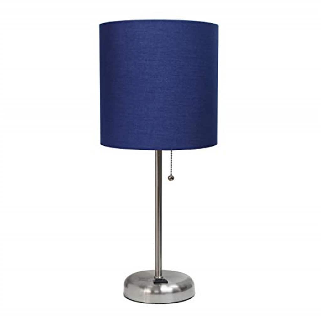 19.5 in. Brushed Steel Finish Table Lamp with Blue Shade, Durable Stick Lamp for End/Side Tables