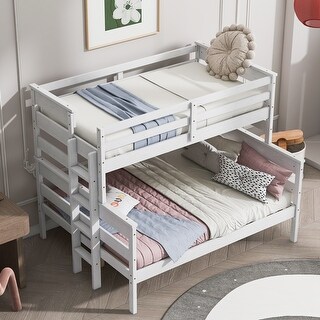 Twin over Full Size Solid Wood Bunk Bed with Ladder and Fence for Kids