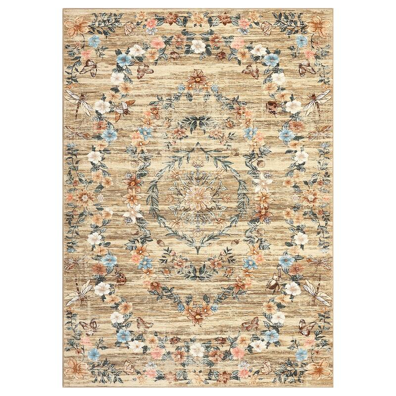 Modern Insect Botanical Pattern Area Rug Floral Print Rug Non-Slip Low Pile Soft Accent Carpet for Living Room Bedroom