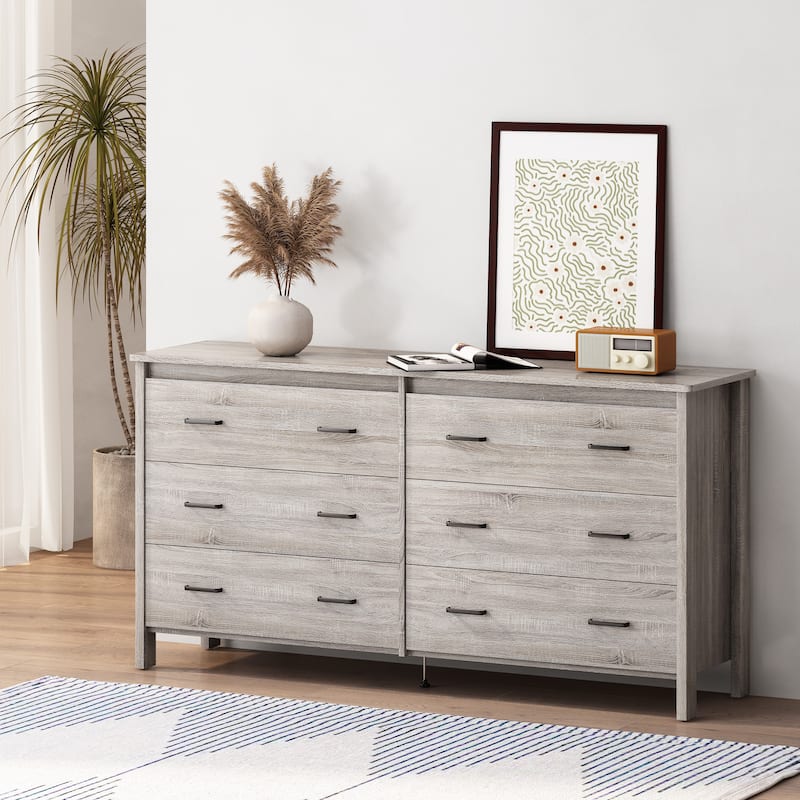 Roomfitters 6-Drawer Wide Dresser, Modern Wood Storage Chest with Metal Handles, Bedroom Accent Organizer, Oak