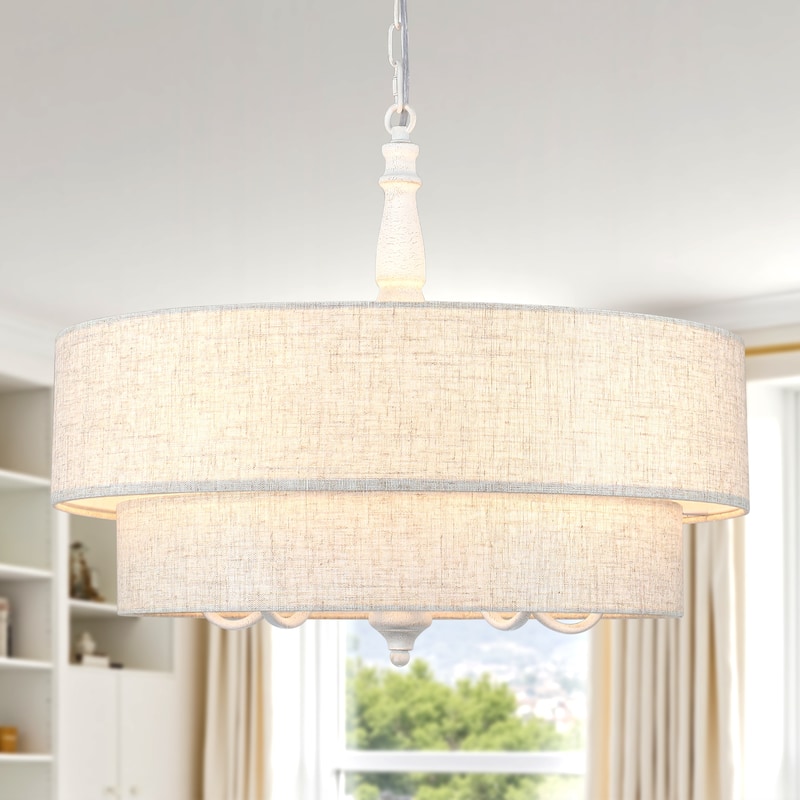 21.25-inch 5-light elegant retro metal chandelier with double-layer fabric lampshade and adjustable height - White