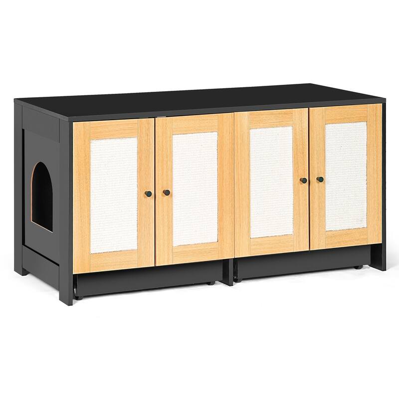 Double Litter Box Enclosure,Cat Litter Box Enclosure for 2 Cats, Hidden Litter Box Furniture with Rattan Doors