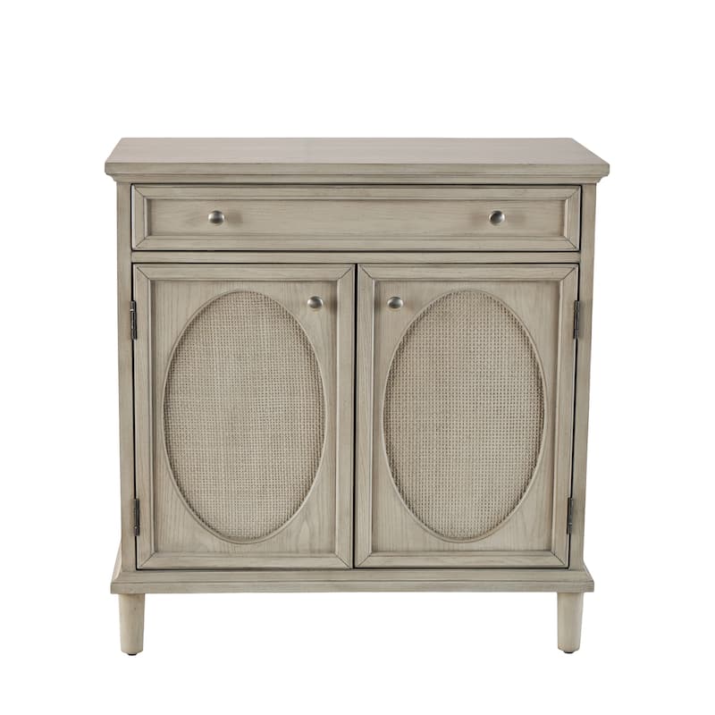 Wooden Geometric Oval Rattan Front 2 Door and 1 Drawer Cabinet - Light Gray - Roche River Decor - 18"W x 34"L x 35"H