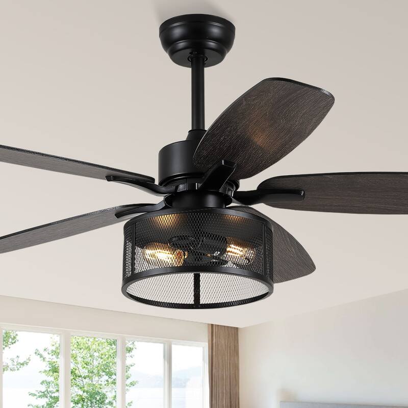 56 Inch Ceiling Fan with Caged Light and Plywood Blades for Farmhouse Living Room Bedroom