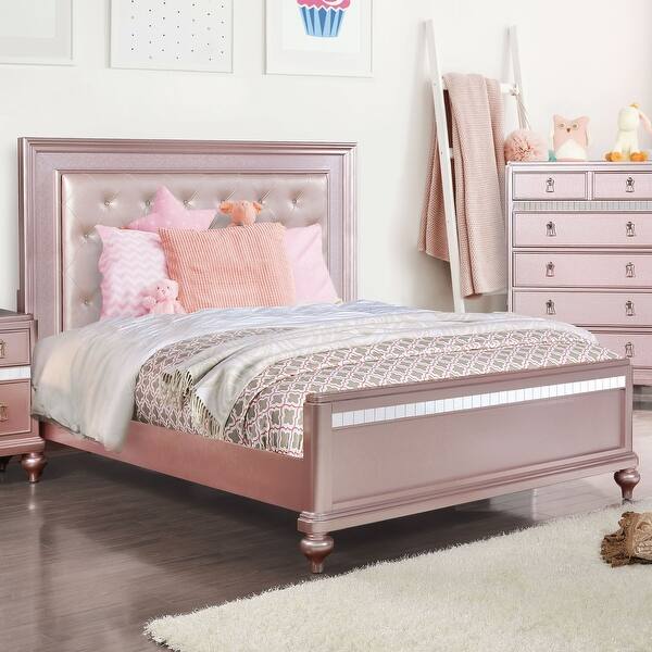 slide 2 of 11, Gibson Transitional Faux Leather Padded Mirror Trim Panel Kid Bed by Silver Orchid Rose Gold - Full