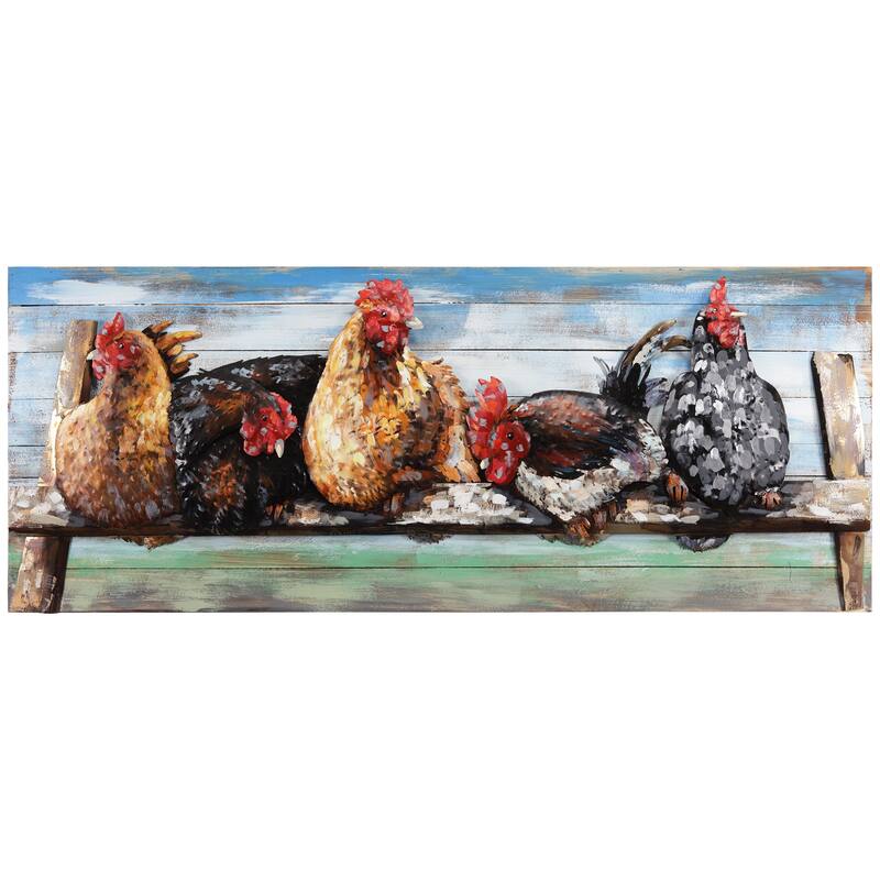 "Chickens" Handed Painted Iron Wall Sculpture on Slatted Solid Wood Wall Art