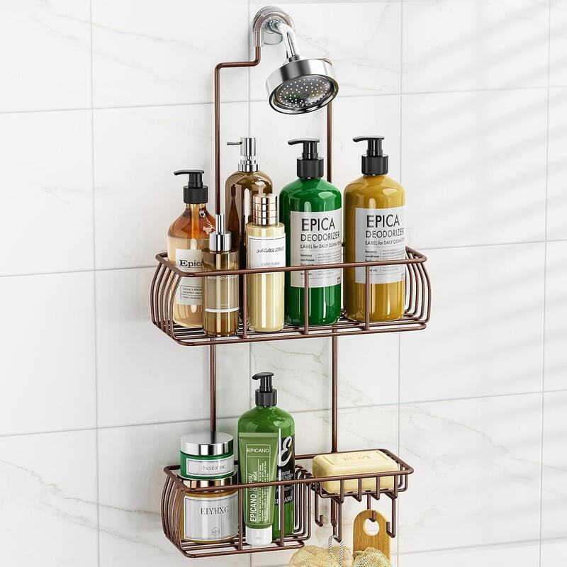Shower Caddy Hanging, Anti-Swing Over Head Shower Caddy Rustproof with hooks for Towels, Sponge and more - Bronze