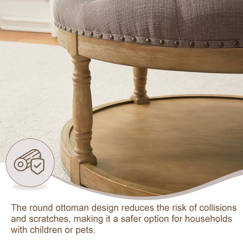 HUIMO 33in Round Upholstered Solid Wood Ottoman Coffee Table with Storage Shelf