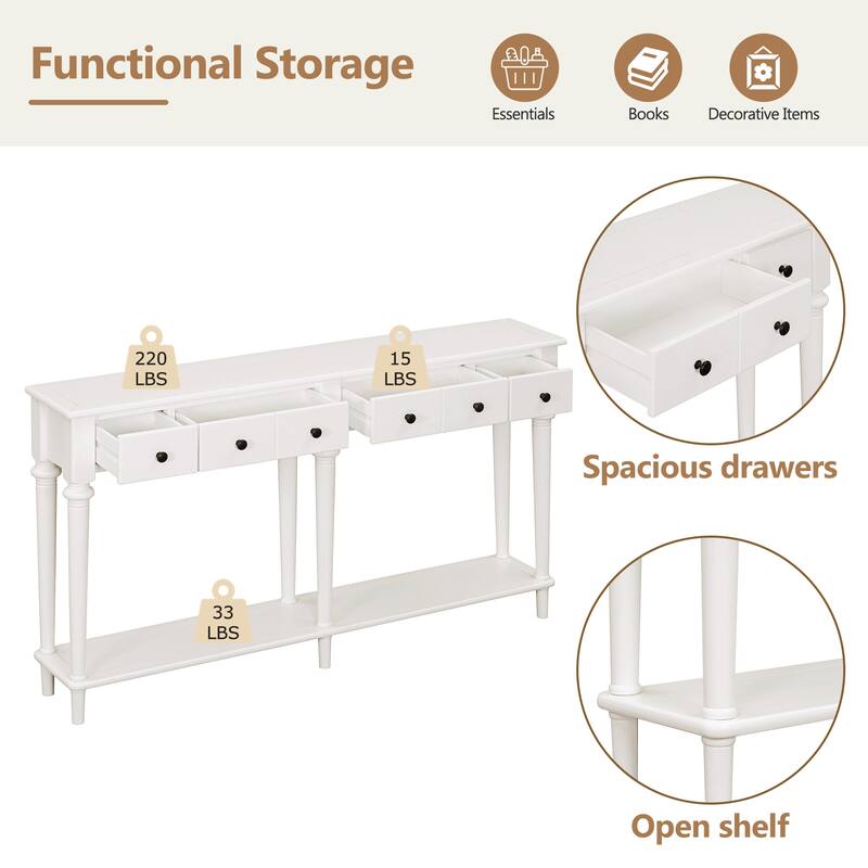 Versatile Hallway Table Side Table with 4 Storage Drawers, Accent Table White Sofa Table with Bottom Open Shelf