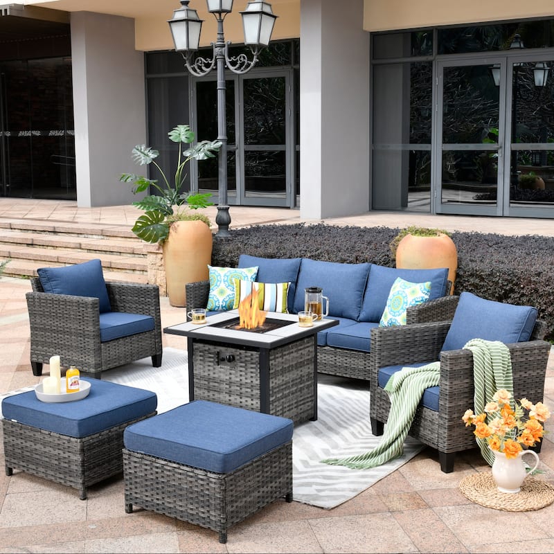 OVIOS 6-piece Patio Outdoor Wicker Conversation Set With 30" Fire Pit