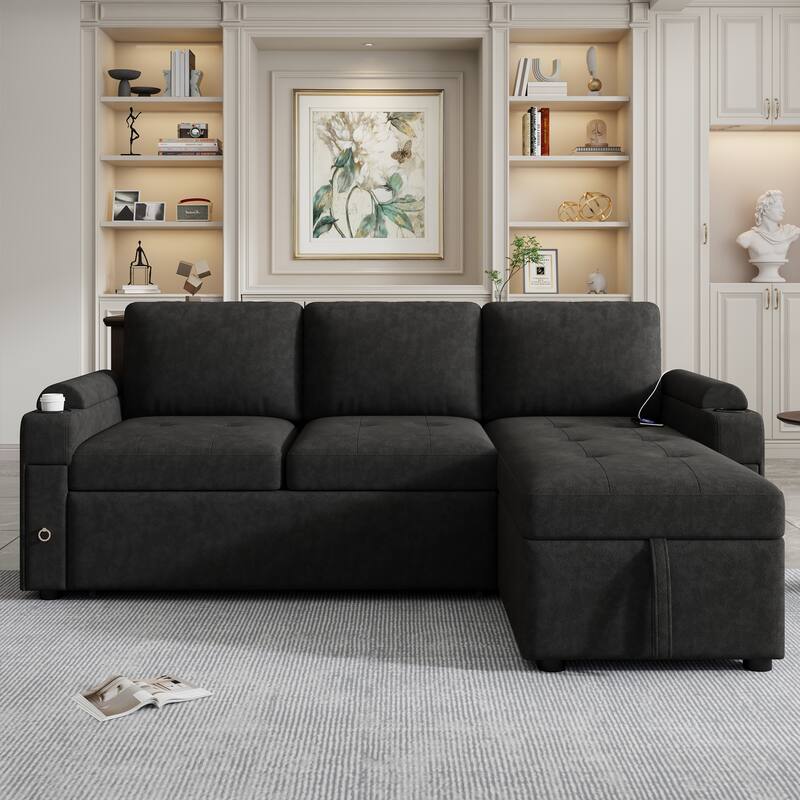 83.5" L-shaped Convertible Sofa Bed with Storage, Cup Holders & USB Ports, Black Chenille