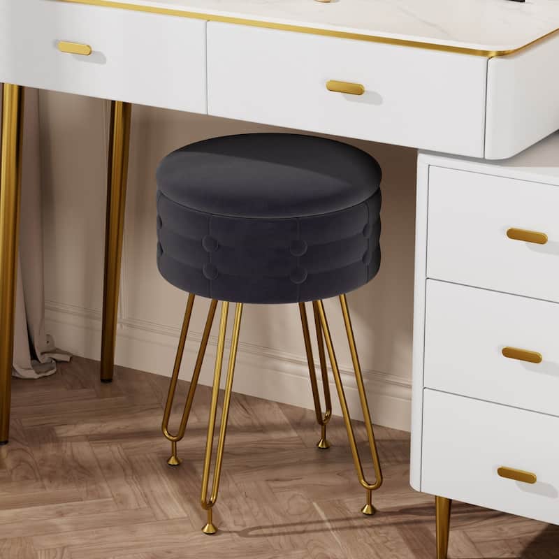 VECELO 18.5"H Multi-Functional Velvet Vanity Stool Tufted Small Vanity Chair with Metal Legs Convertible Storage End Table