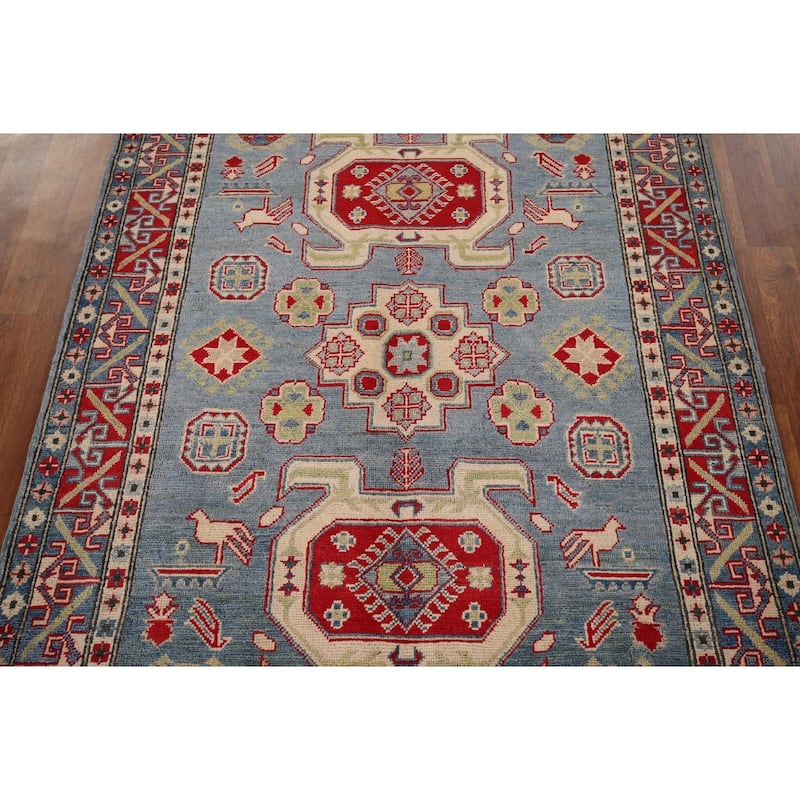 Geometric Blue Kazak Oriental Area Rug Handmade Wool Carpet - 4'3" x 5'11"