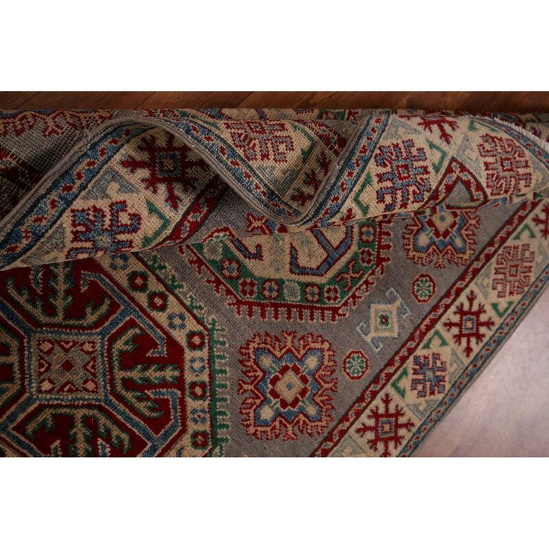 Gray Geometric Kazak Foyer Rug Hand-Knotted Wool Carpet - 3'5" x 4'11"
