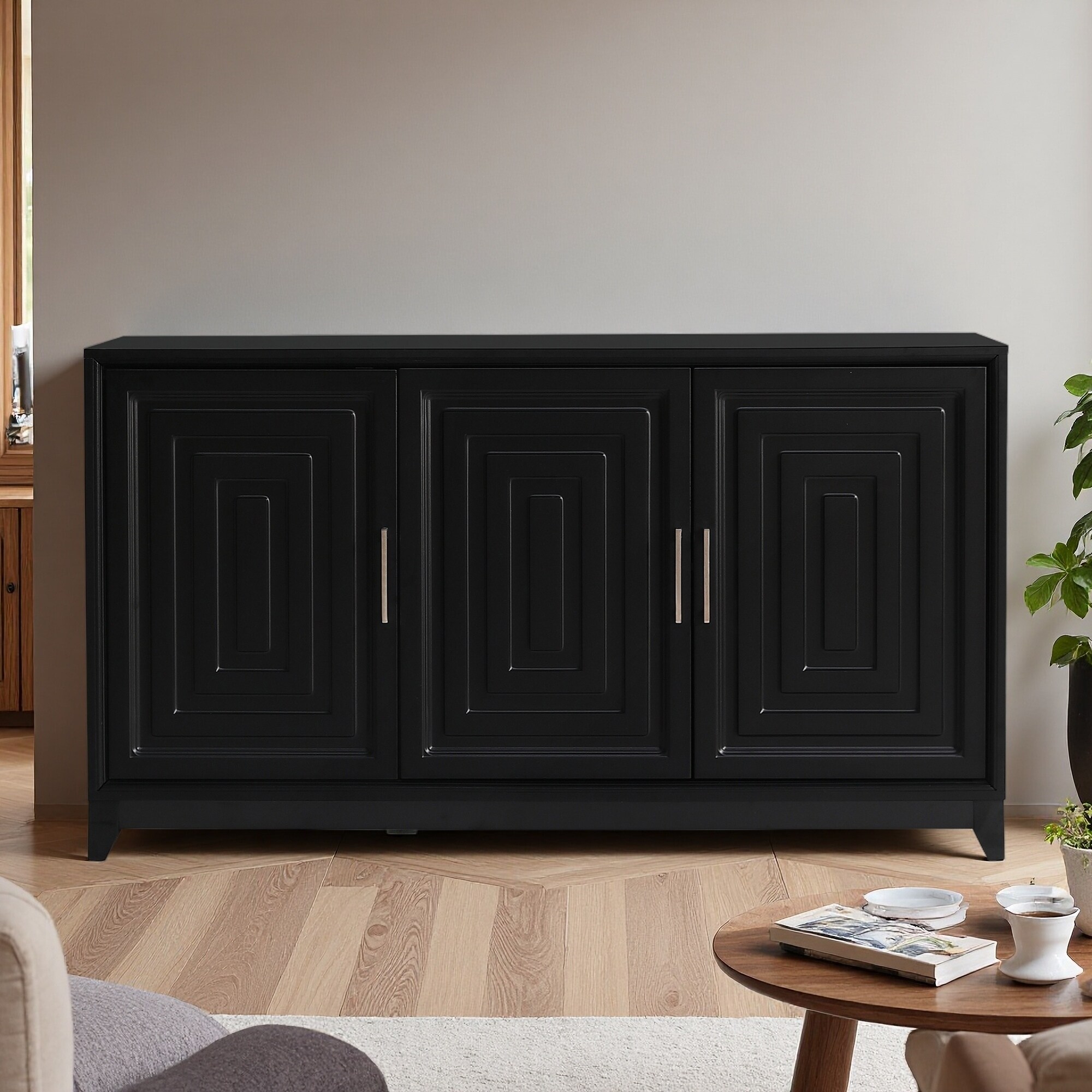 59.1" MDF Modern TV Stand with Geometric Doors, Metal Handles & 2 Cabinets