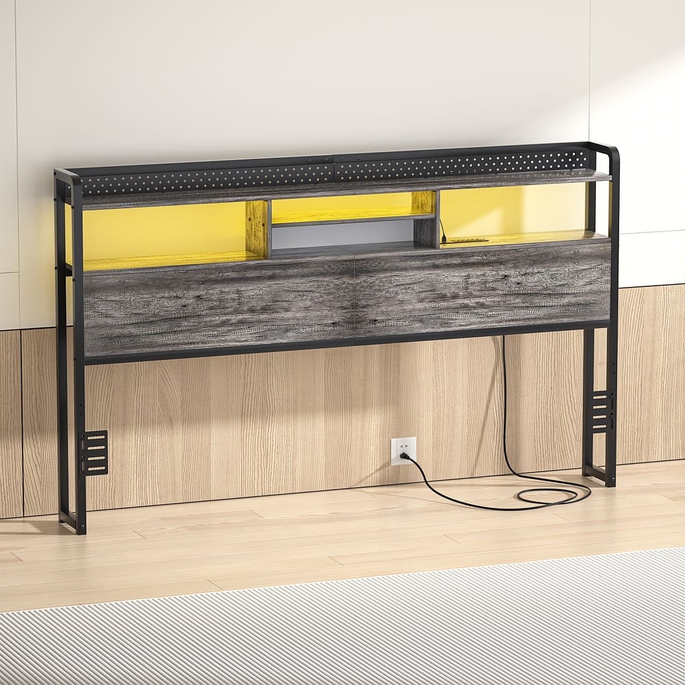 Bed Headboard with Storage Shelf and Charge Station, Height Adjustable Headboard with LED Light