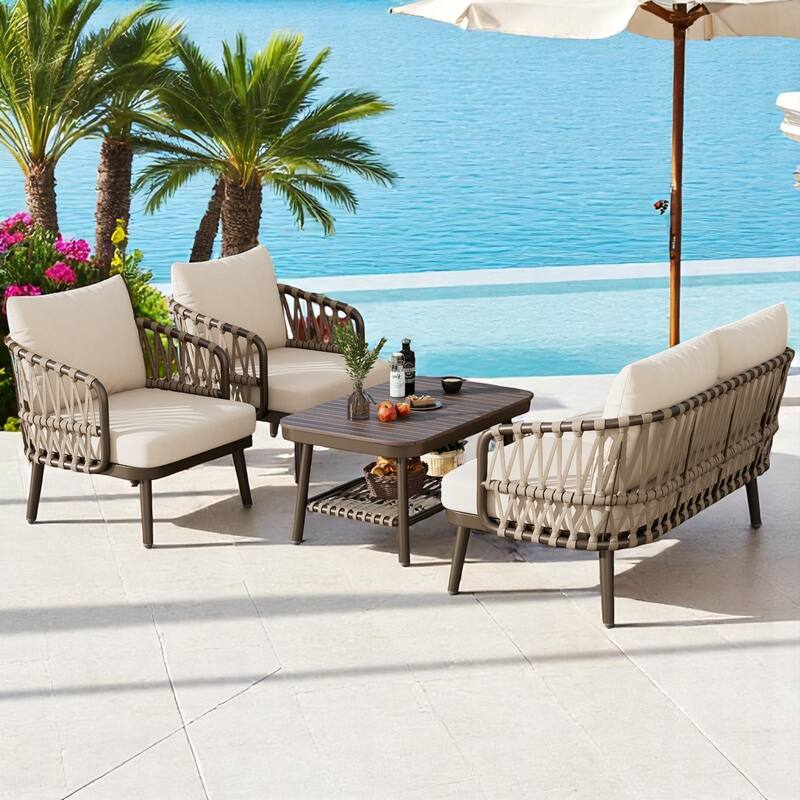 4-Piece Outdoor Conversation Set with Woven Rope U-Shaped Backrest, Acacia Wood Coffee Table, Water-Repellent Cushions
