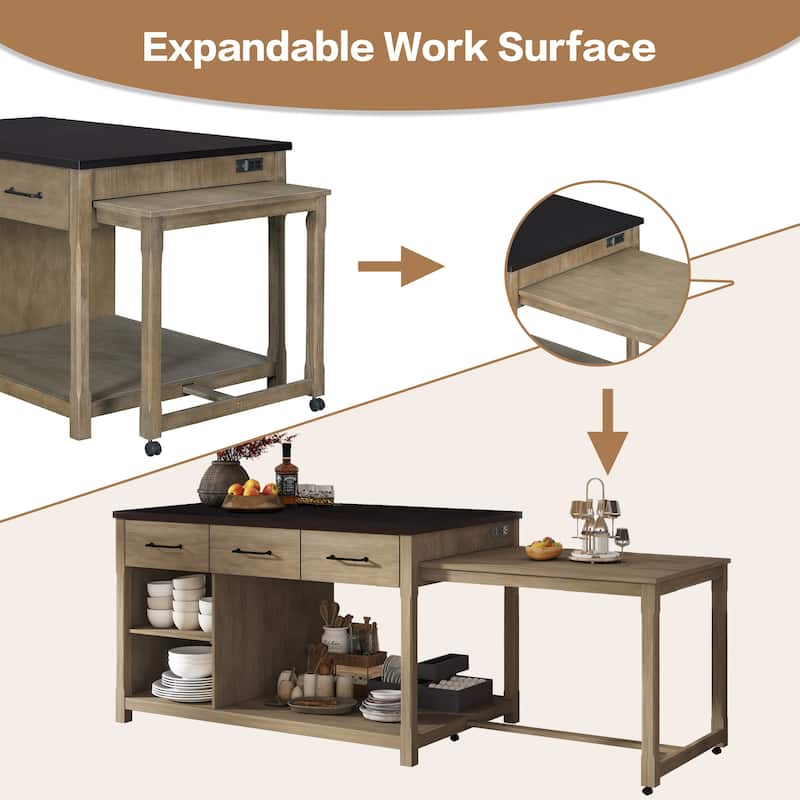 Extendable Kitchen Island with Storage, Kitchen Cart with Built-In Power Outlets, Kitchen Cabinet with Open Shelves