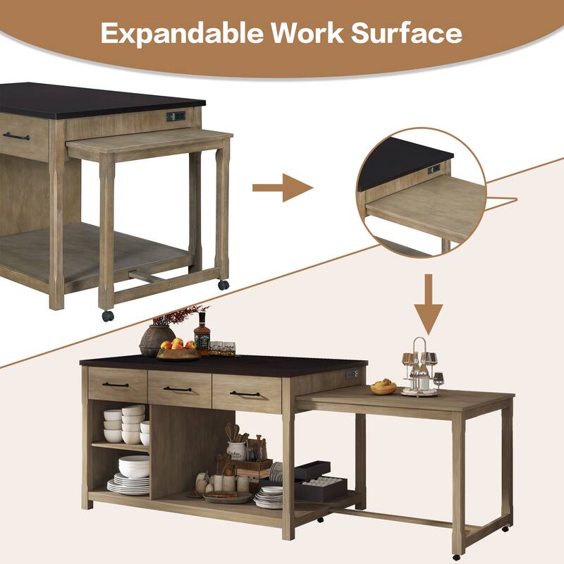 Extendable Kitchen Island with Storage, Multi-Functional Kitchen Cart with Built-In Power Outlets, Retro Kitchen Island