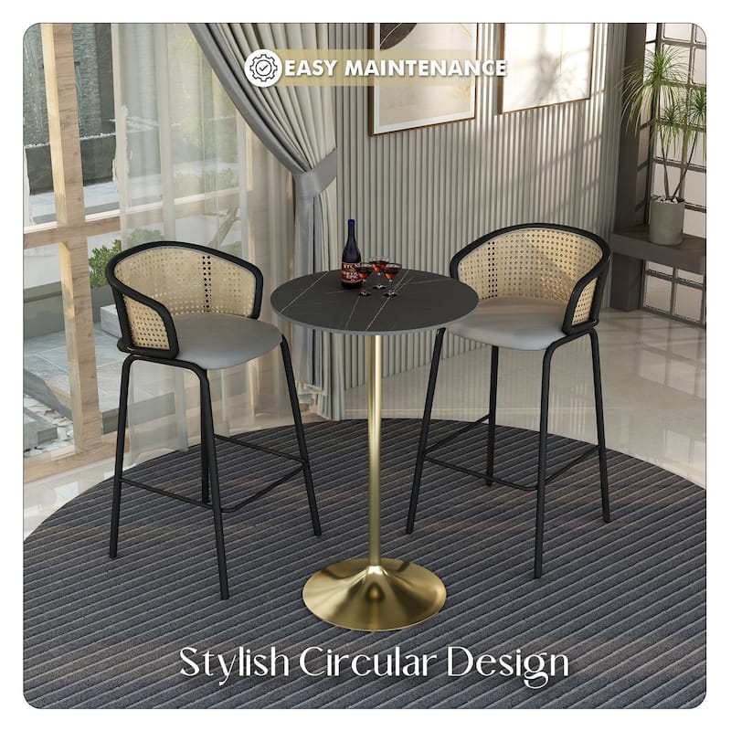 LeisureMod Verve 27" Bar Dining Table with Sintered Stone Round Top in Gold Steel, Gold Marbleized