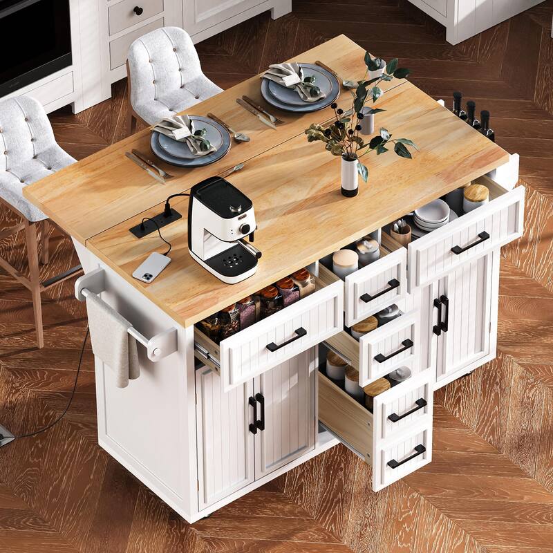 56.5'' Rubber Wood Kitchen Island with Drop Leaf, Power Outlet, Rolling Wheels, 5 Deep Drawers and Adjustable Shelves