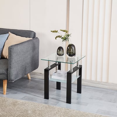 Tempered Glass End Table,2-Layers Small Table with Storage,Living Room Side Table