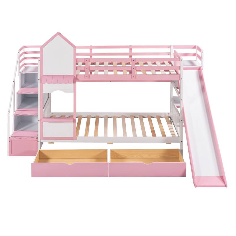 Twin-Over-Twin Castle Style Bunk Bed with 2 Drawers 3 Shelves and Slide