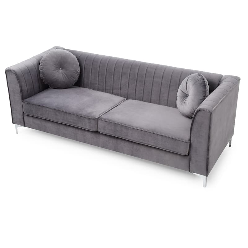 Channel Tufted Velvet 2-Seater Sofa with Throw Pillows - 87" - Gray
