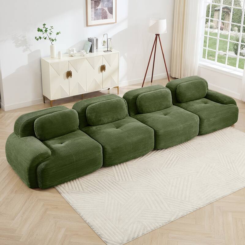 Rossetta 4-Seat Modern Simplified Anti-Slip Style Premium Corduroy Fabric Modular Sofa with Curved Armrests - Olive Green