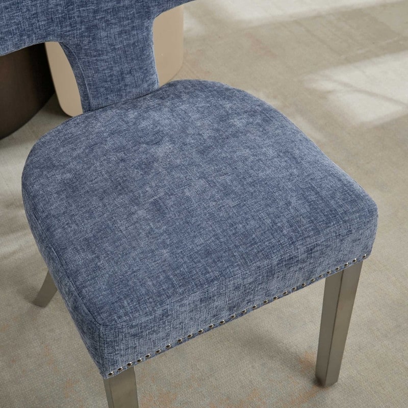 Dining Chairs Set of 2, Farmhouse Chenille Fabric Upholstered Accent Chair Curved Backrest with Copper Nails around