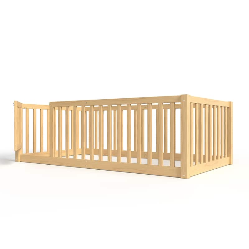 Montessori Floor Bed with Safety Guardrails & Door, Kids Low Profile Frame, Available in Queen/Full/Twin