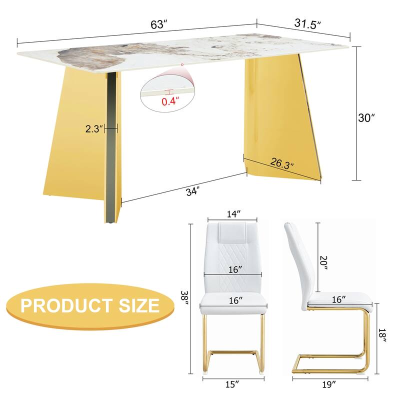 7-Piece Luxury Dining Table and Chair Set, Stone Tabletop Rectangular Table with Stainless Steel Butterfly Legs and 6 PU Chairs