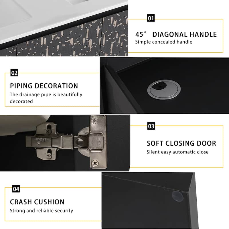 Plywood Wall Mounting Bathroom Vanity Set in Black with Integrated Ceramic Sink