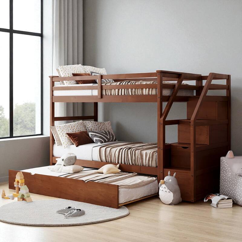 Twin Over Twin Bunk Bed with Trundle and 3 Storage Stairs, Solid Wood Frame, No Box Spring Required